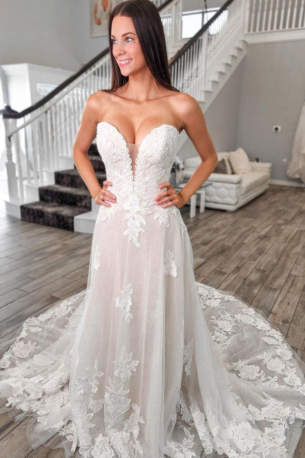 Charming Mermaid Sweetheart Sparkly Tulle Wedding Dresses with Lace