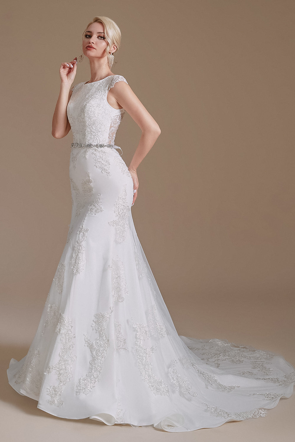 Mermaid Appliques Tulle Chapel Train Wedding Dresses With Belt