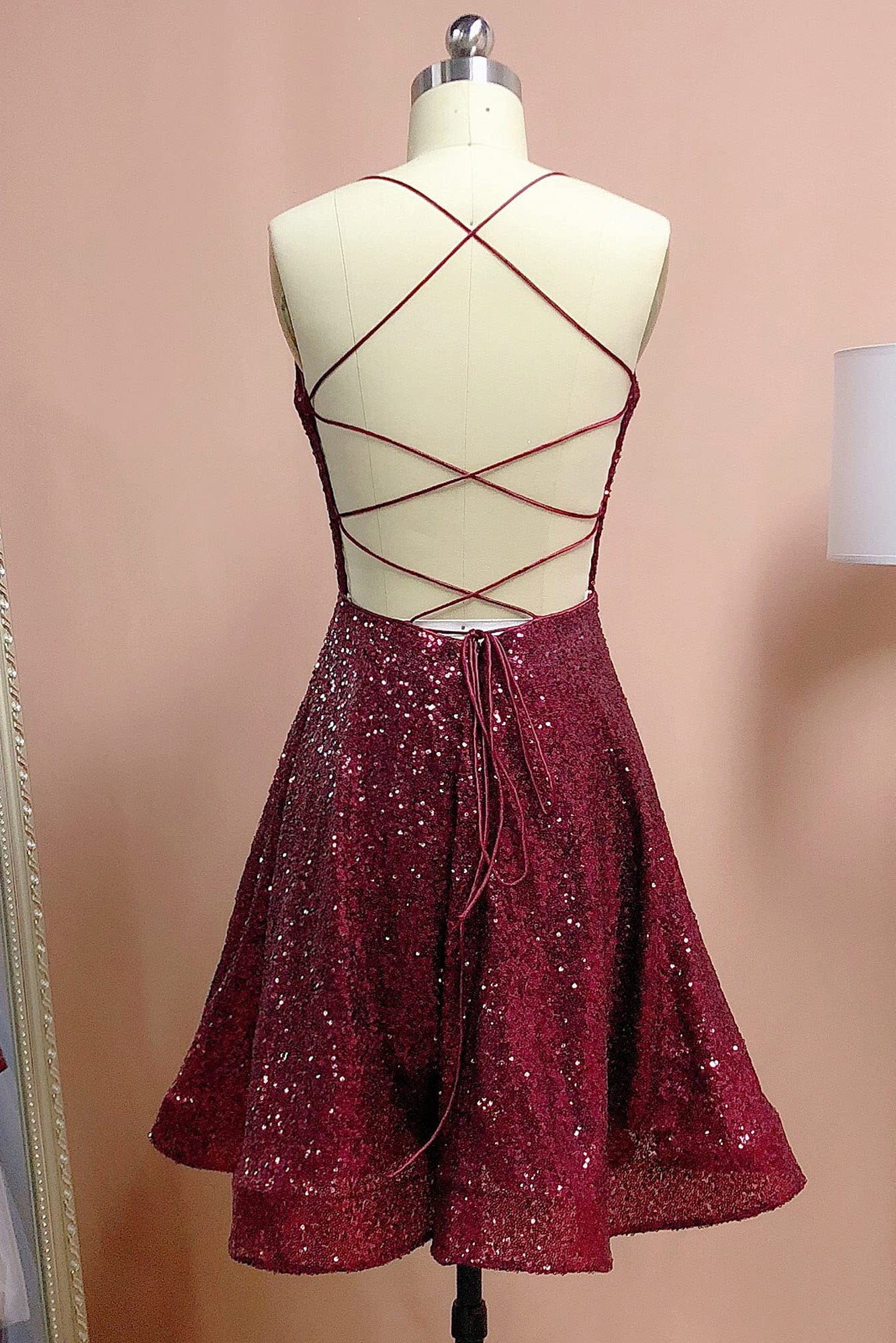 Burgundy Spaghetti Straps Sleeveless A Line Sequins Homecoming Dresses