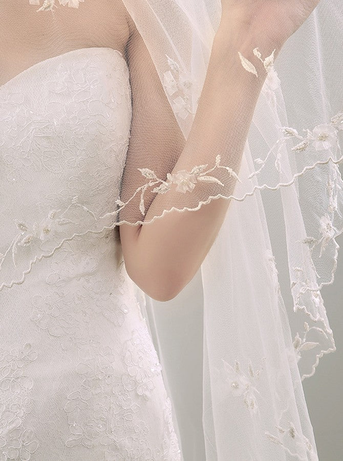 Two Tier Lace Appliques Edge Cathedral Veil Long Wedding Veils