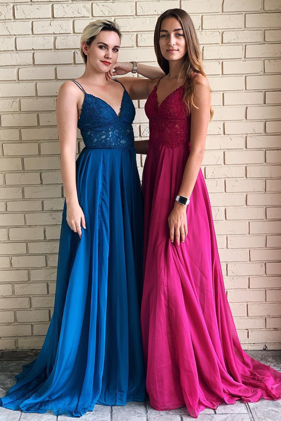 Chic Spaghetti Straps V Neck Low Back Lace Prom Dresses