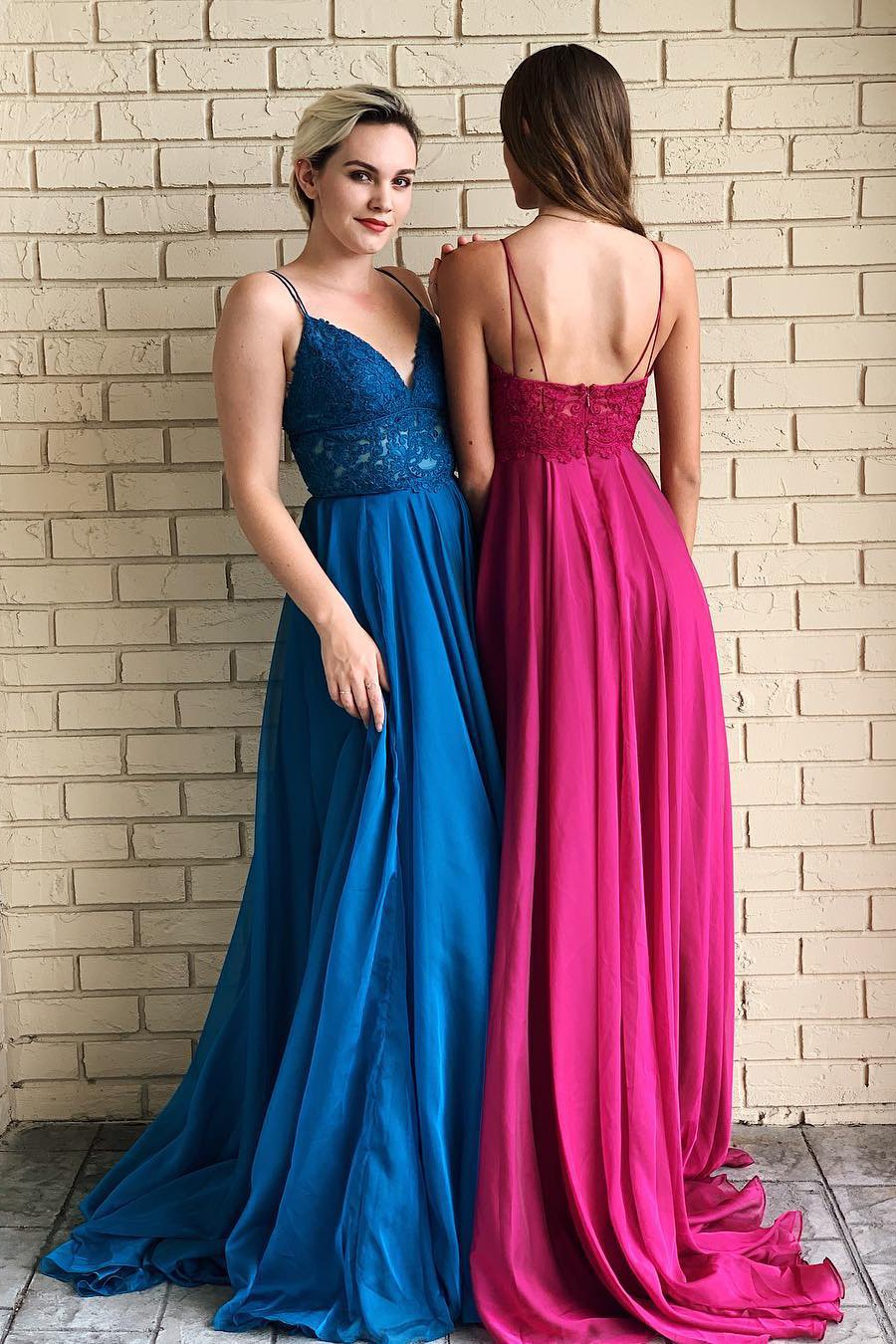 Chic Spaghetti Straps V Neck Low Back Lace Prom Dresses