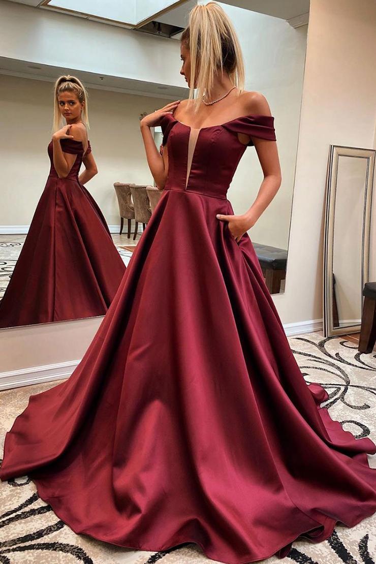 Simple Off Shoulder A Line Satin Long Prom Dress