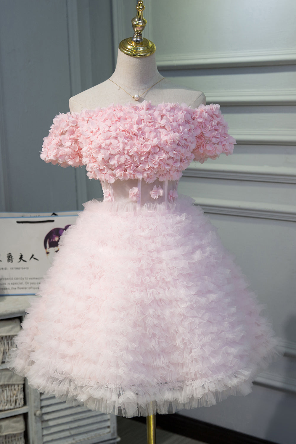 Pink A Line Tulle Homecoming Dress with Flower Appliques