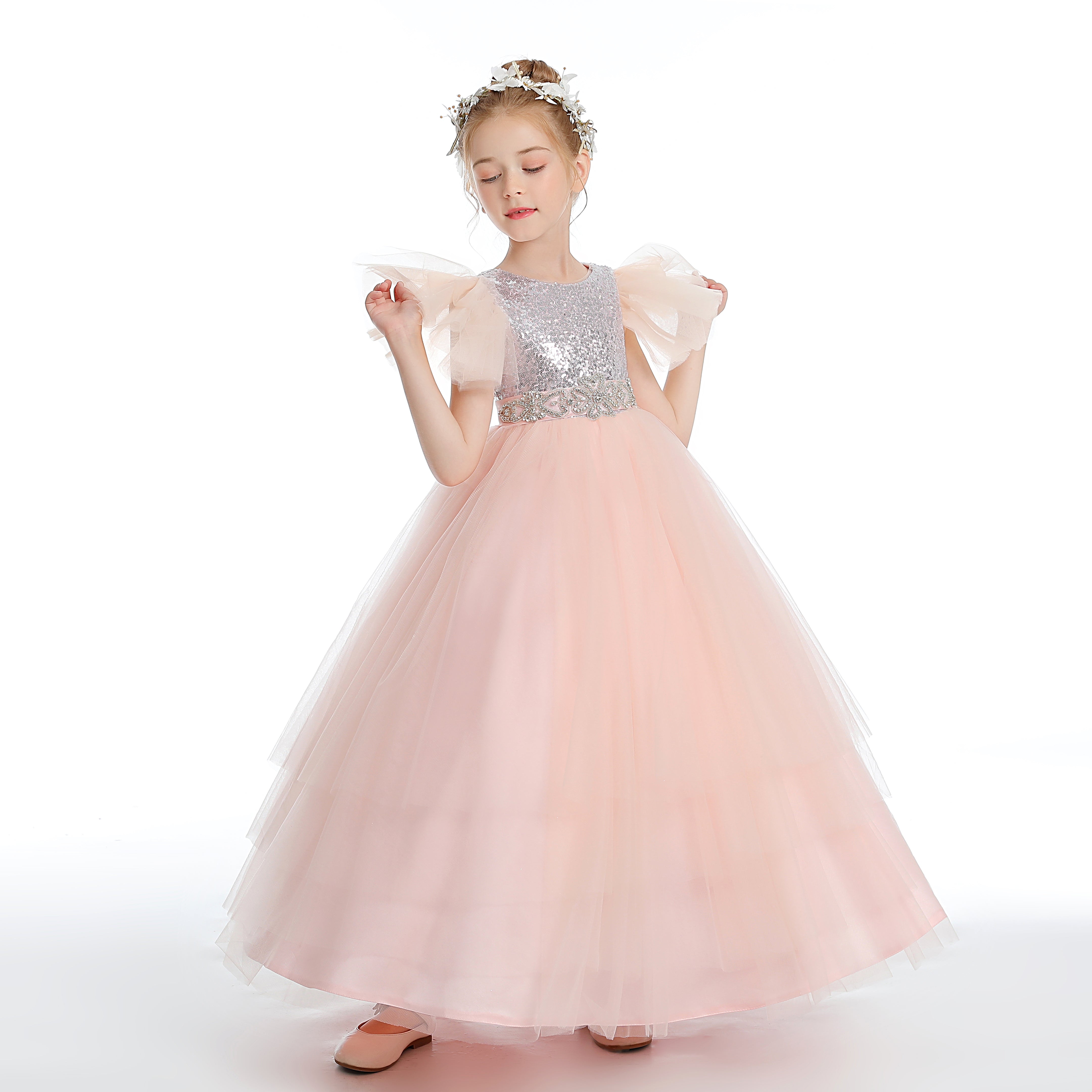 Ruffles Silver Sequins Pink Tulle Flower Girl Dresses With Beading