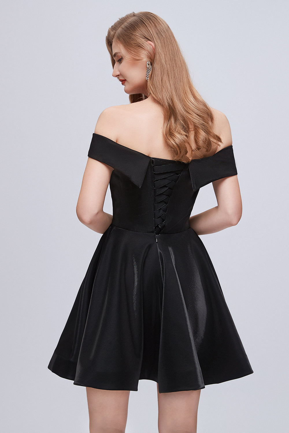 Black Off The Shoulder Lace Up Short Homecoming Dresses