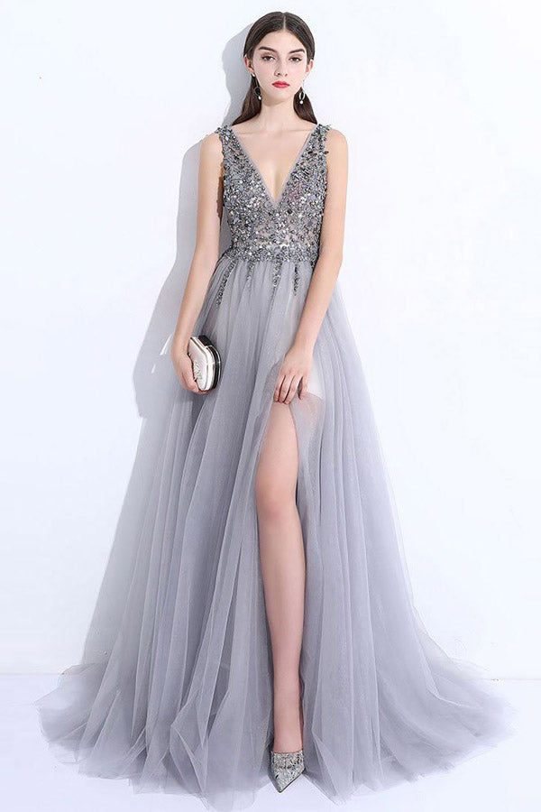 Gray A Line Brush Train Deep V Neck Sleeveless Backless Beading Prom Dress,Party Dress 