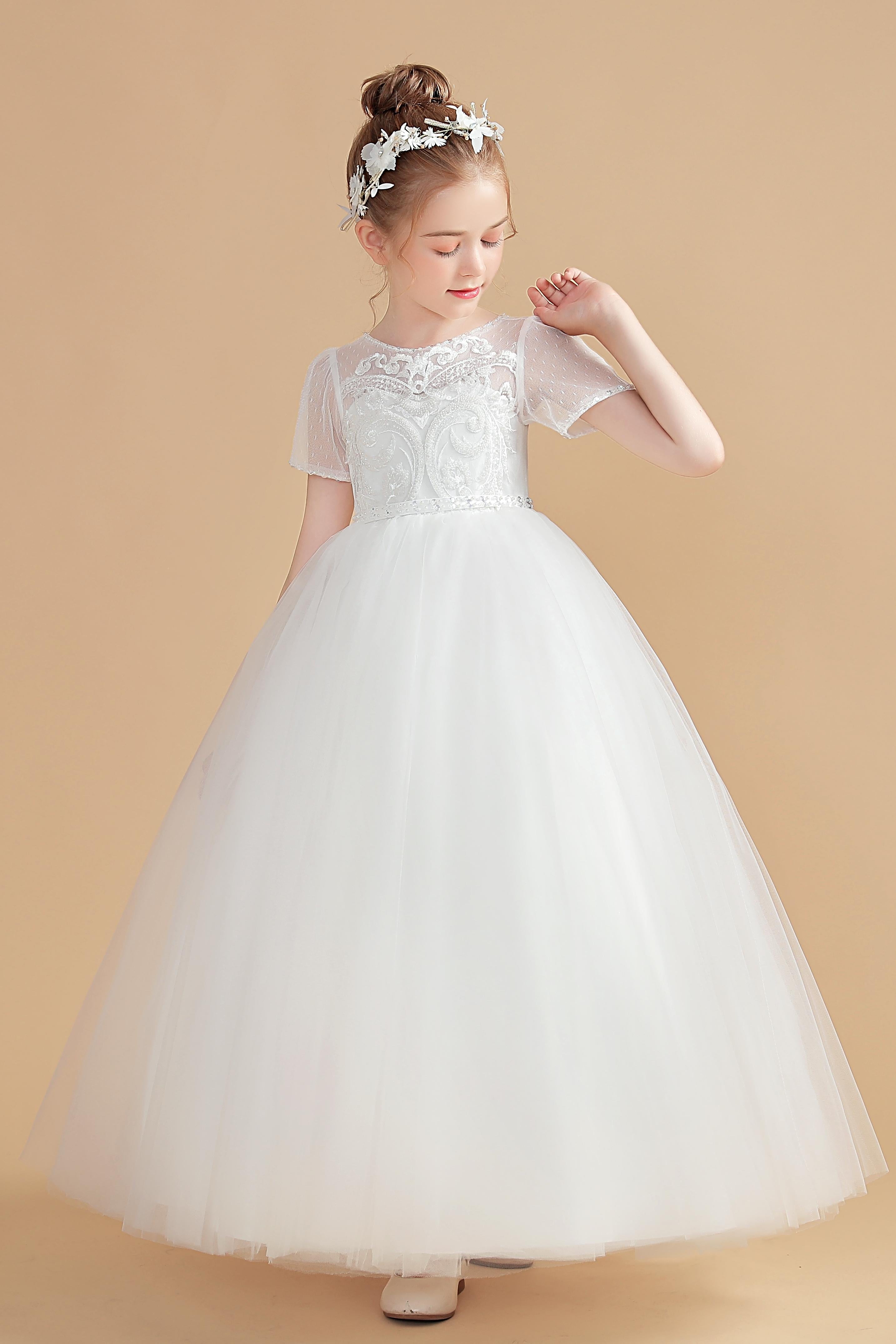 Short Sleeves Ivory Tulle Flower Girl Dresses With Lace Appliques