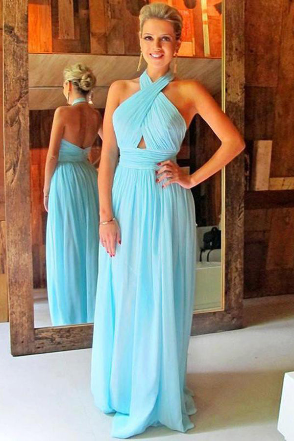 Blue A Line Floor Length Halter Backless Chiffon Cheap Bridesmaid Dress B248 - Ombreprom