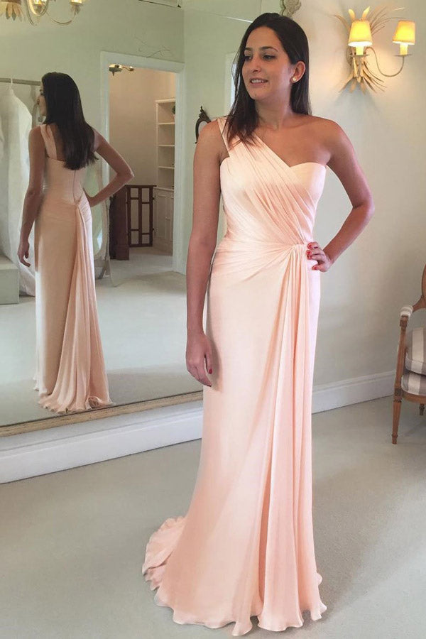 Pink A Line Brush Train One Shoulder Sleeveless Chiffon Bridesmaid Dress, Wedding Party Dress