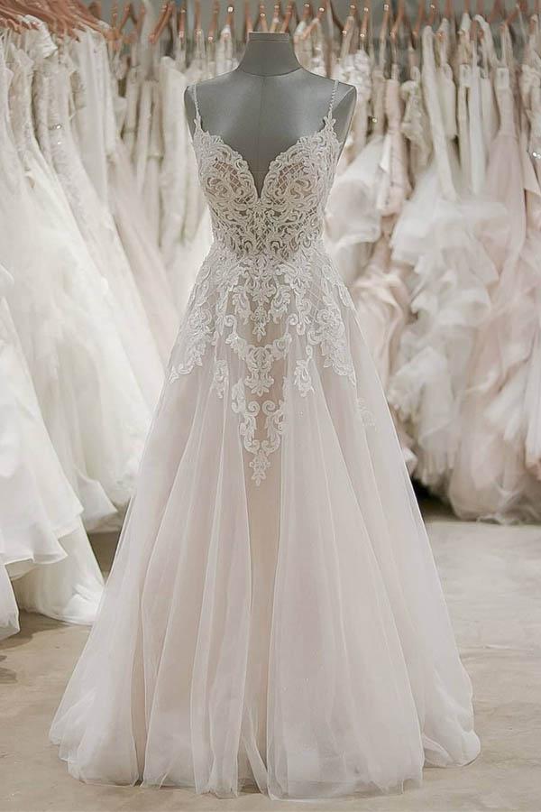 Impressive Spaghetti Straps V Neck Sleeveless Open Back With Lace Appliques Wedding Dresses