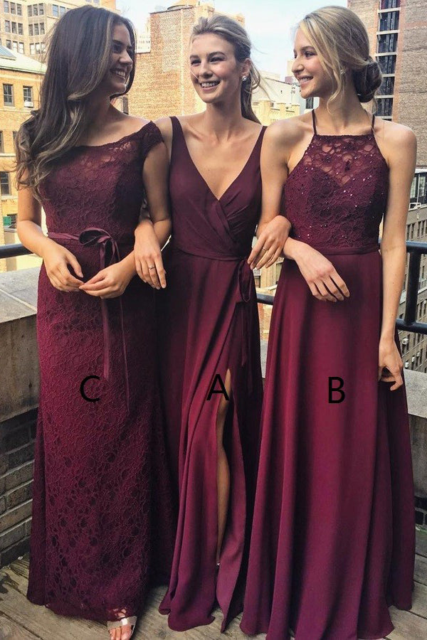 Burgundy A Line Floor Length Sleeveless Appliques Beading Cheap Bridesmaid Dresses B200 - Ombreprom