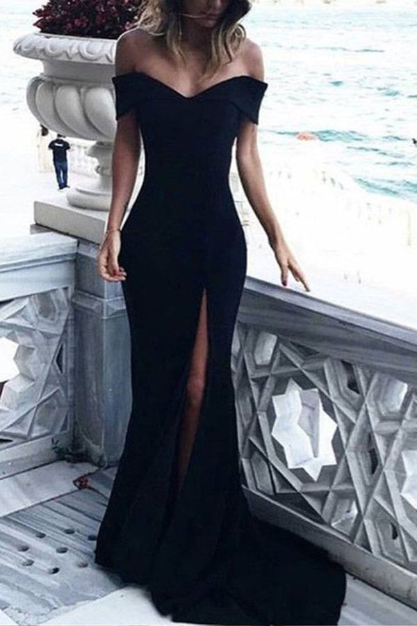 Black Sheath Court Train Off Shoulder Sleeveless Side Slit Prom Dress,Party Dress P128 - Ombreprom