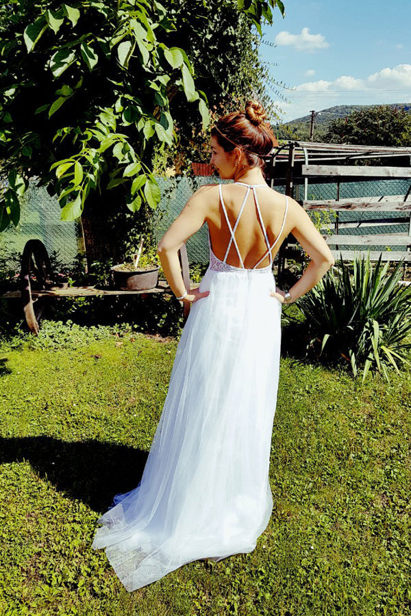 A Line Floor Length Halter Backless Appliques Wedding Gown,Beach Wedding Dress W147 - Ombreprom