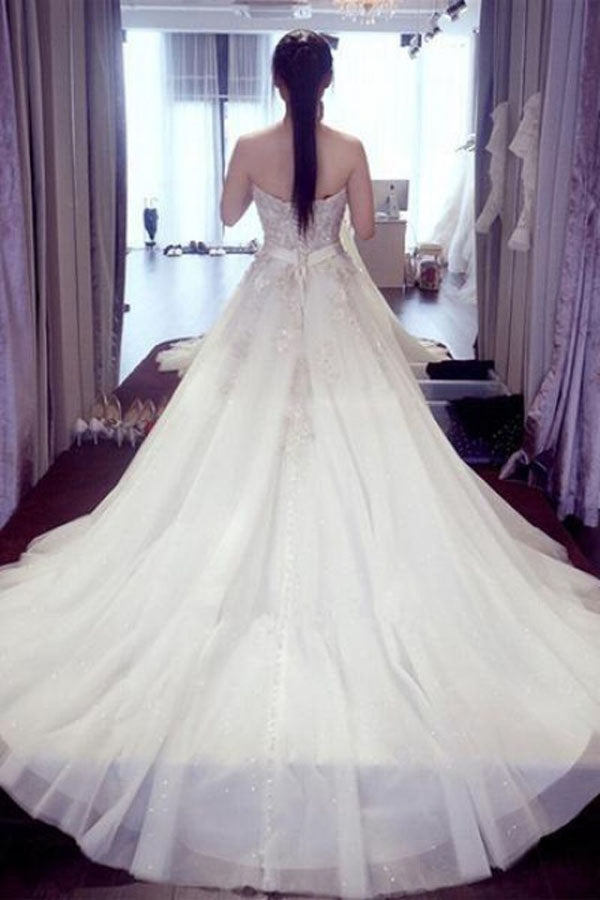 White A Line Court Train Sweetheart Sleeveless Beading Wedding Dresses