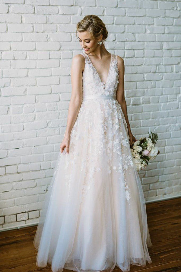 Gorgeous V Neck Sleeveless Appliques Floor Length A Line Wedding Dresses