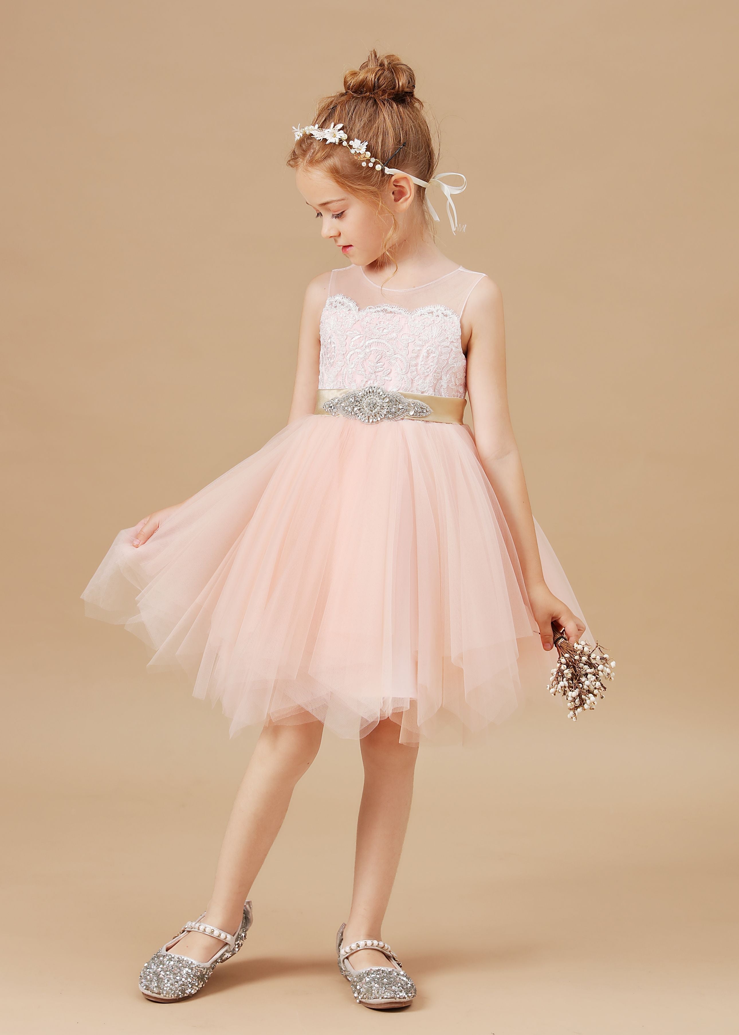 Chic Asymmetrical Sleeveless Applique Tulle Satin Flower Girl Dresses With Rhinestone Belt