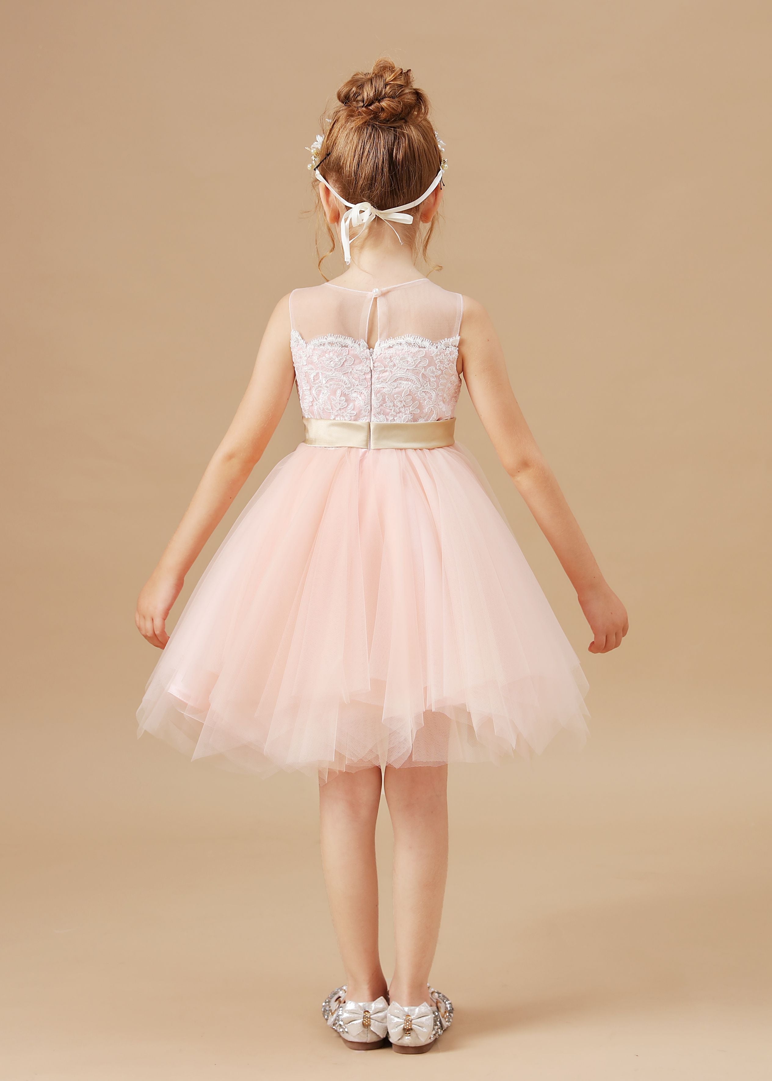 Chic Asymmetrical Sleeveless Applique Tulle Satin Flower Girl Dresses With Rhinestone Belt