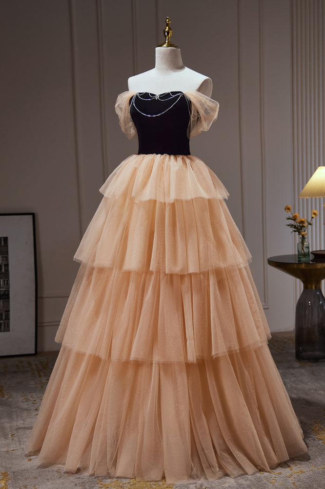 Champagne Off The Shoulder Evening Gown A Line Tulle Long Prom Dresses