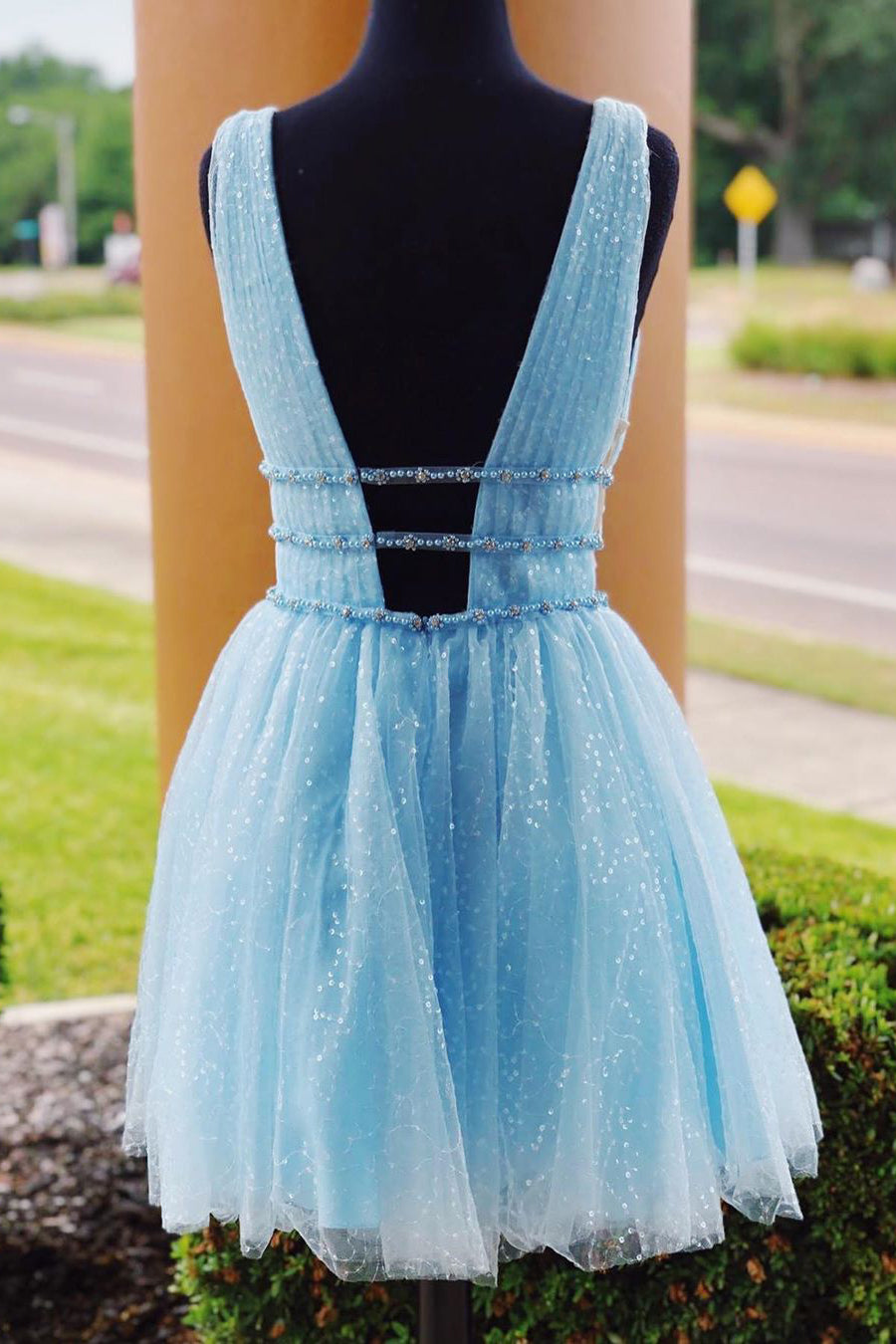 Sparkly Beading Sky Blue Short Prom Dresses Sequins Homecoming Dresses