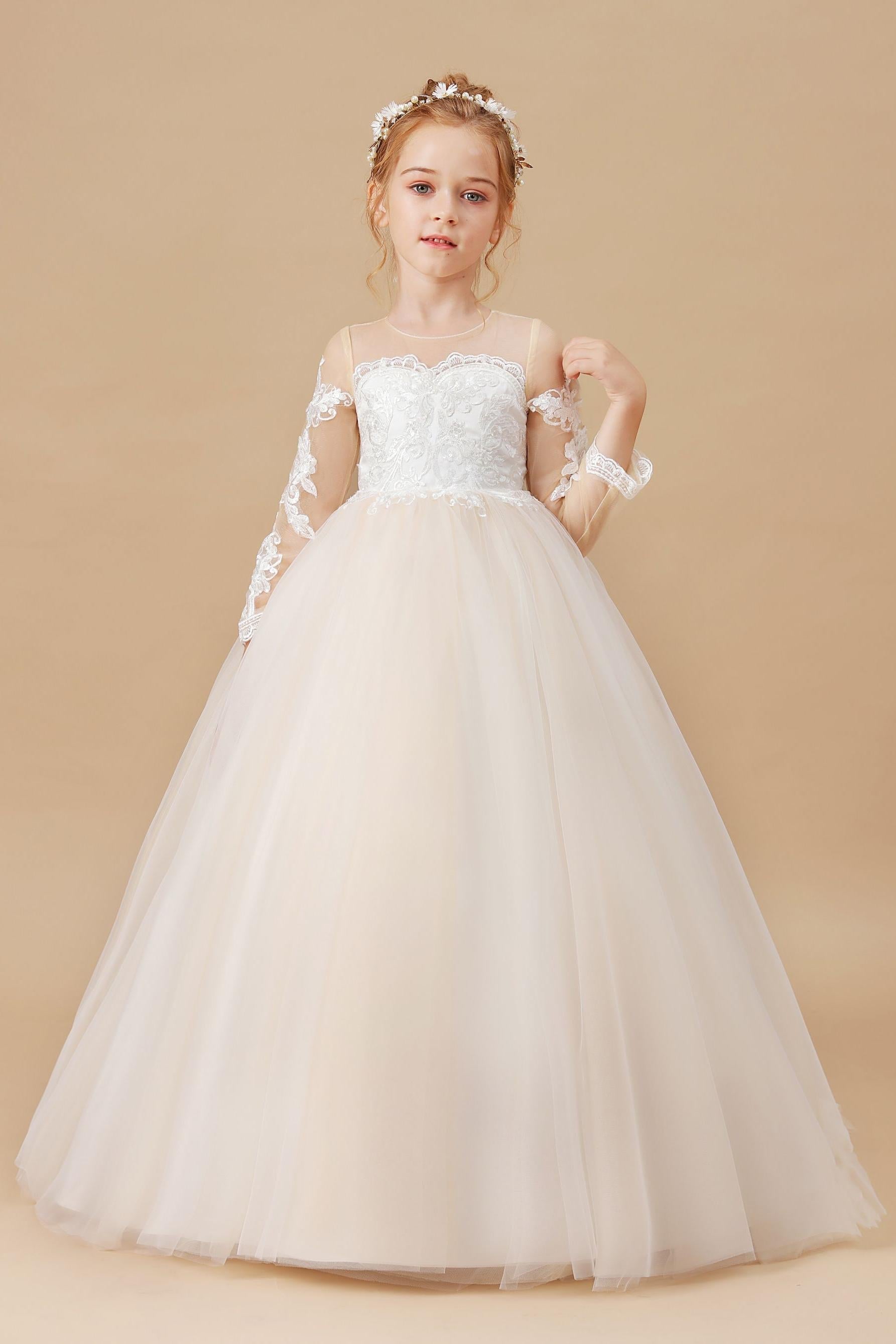 Floor-length Long Sleeves Lace Tulle Satin Flower Girl Dresses