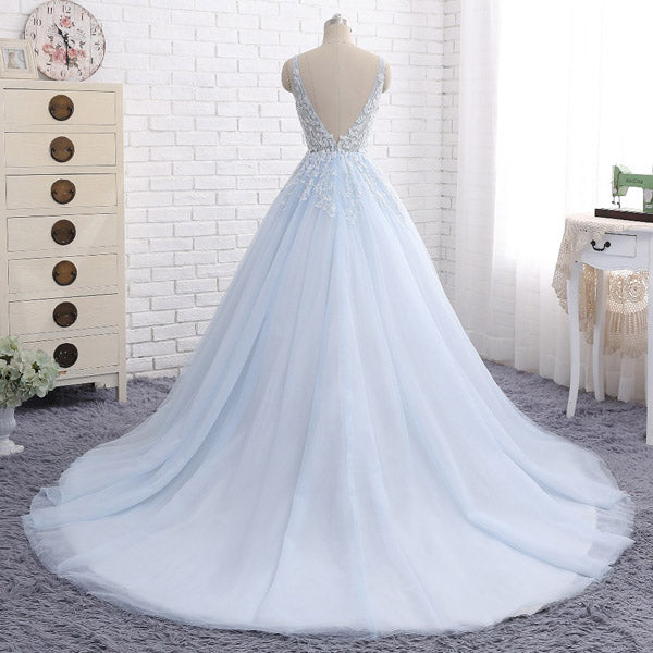 Ball Gown Chapel Train V Neck Sleeveless Backless Appliques Prom Dress,Party Dress P484 - Ombreprom