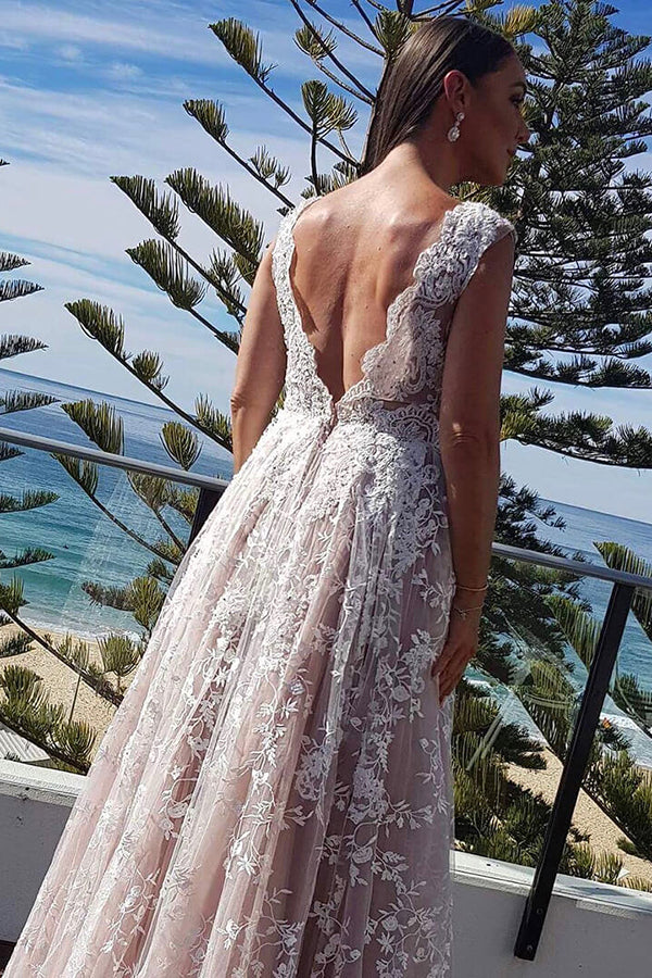 Gorgeous Deep V Neck Open Back With Lace Appliques Wedding Dresses