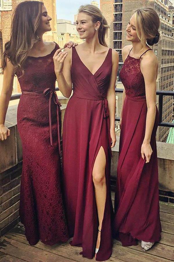 Burgundy A Line Floor Length Sleeveless Appliques Beading Cheap Bridesmaid Dresses B200 - Ombreprom