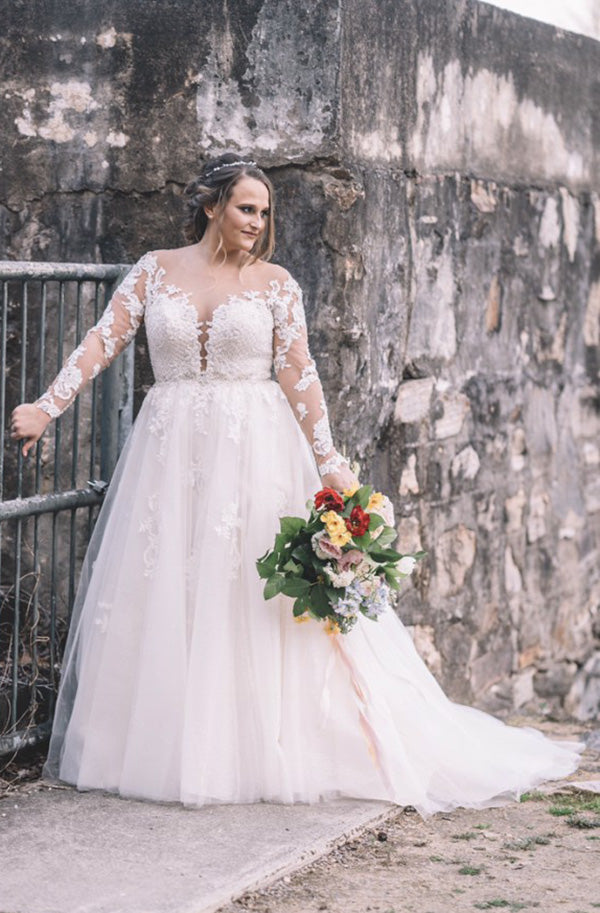 Elegant A Line Long Sleeves Plus Size Lace Wedding Dresses