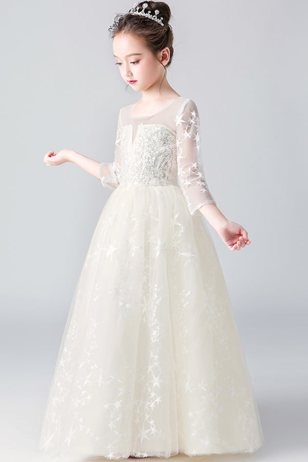 Sparkly Round Neck Long Sleeves With Sequins Floor Length Flower Girl Dresses