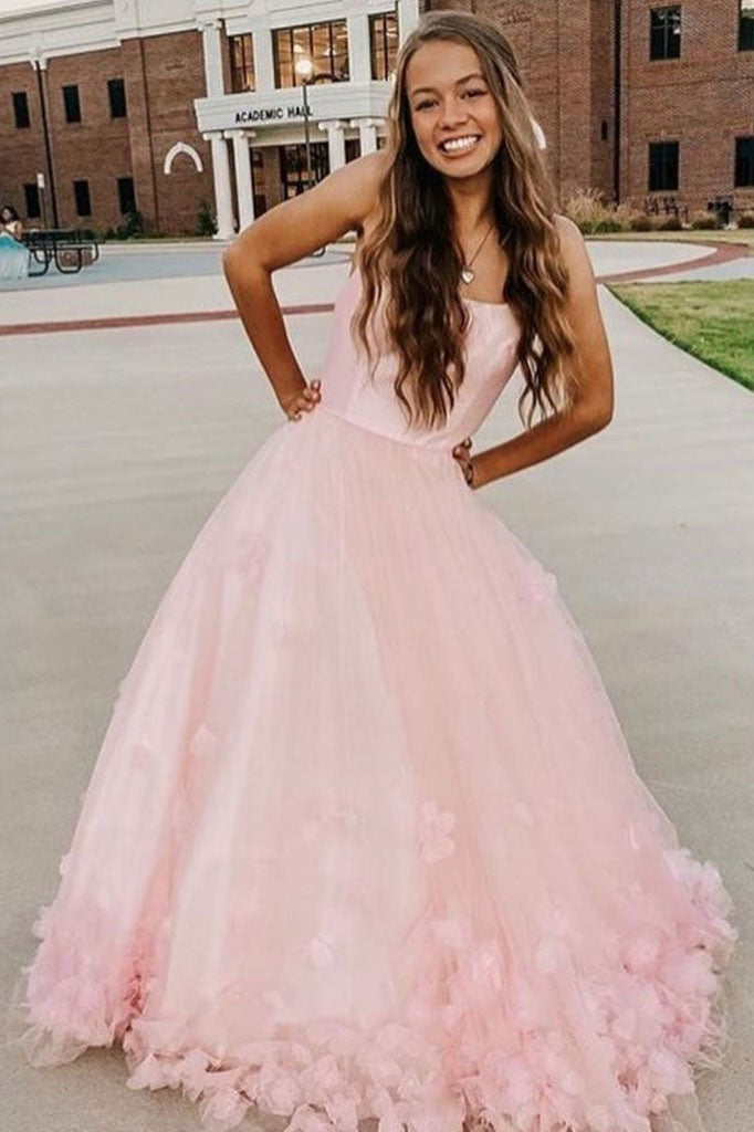 A Line Pink 3D Flowers Formal Evening Dresses Tulle Long Prom Dresses with Straps