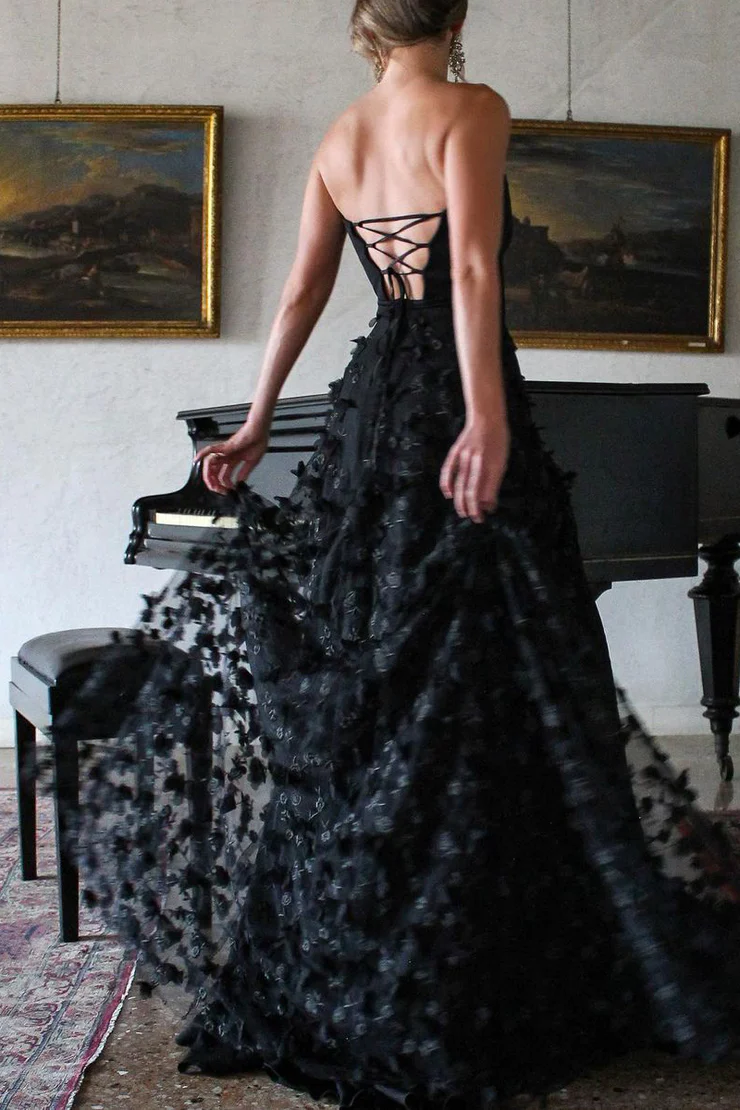 Black Strapless A Line Lace Prom Dresses with Slit