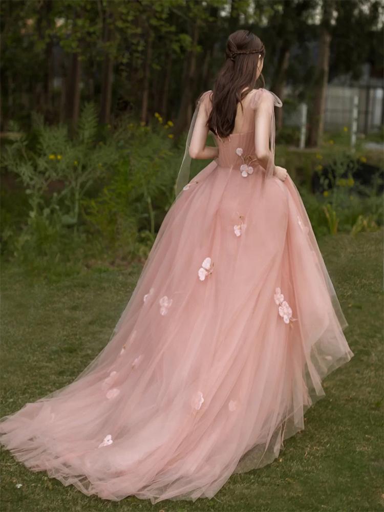 Tulle A-line 3D Flowers Charming Pink Long Evening Gown Prom Dresses