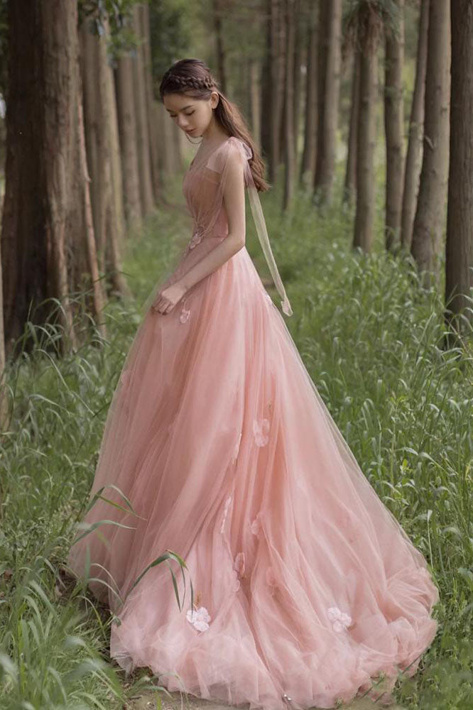 Tulle A-line 3D Flowers Charming Pink Long Evening Gown Prom Dresses