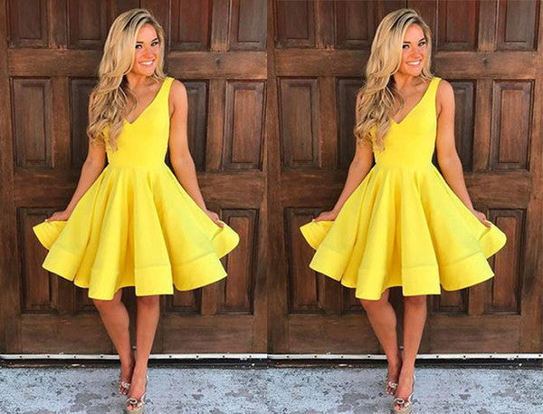 A Line Yellow Homecoming Dress,V Neck Sleeveless Short Prom Dress, HCD41 - Ombreprom