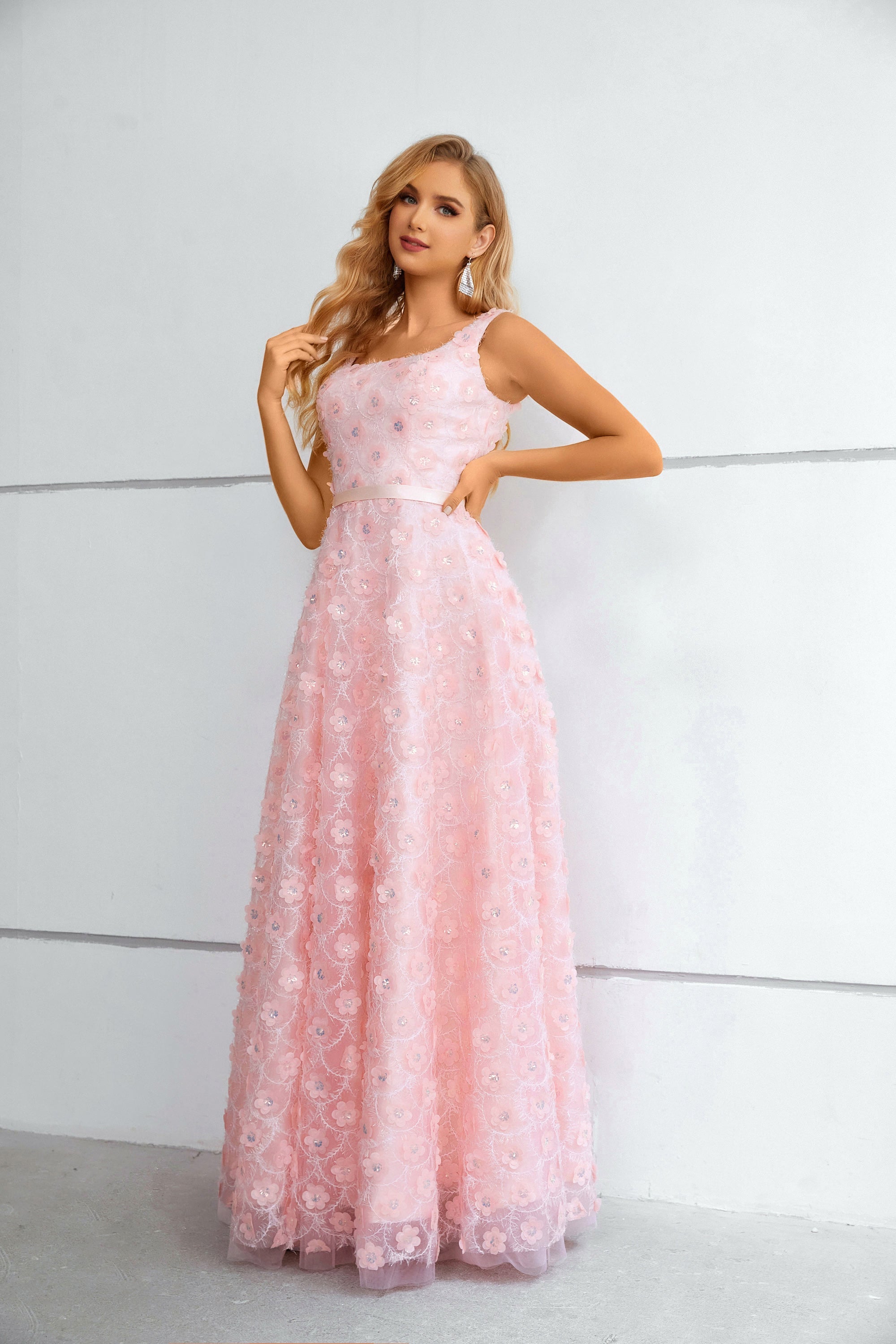 Cute Pink Lace A Line Floor Length Lace Up Prom Dresses