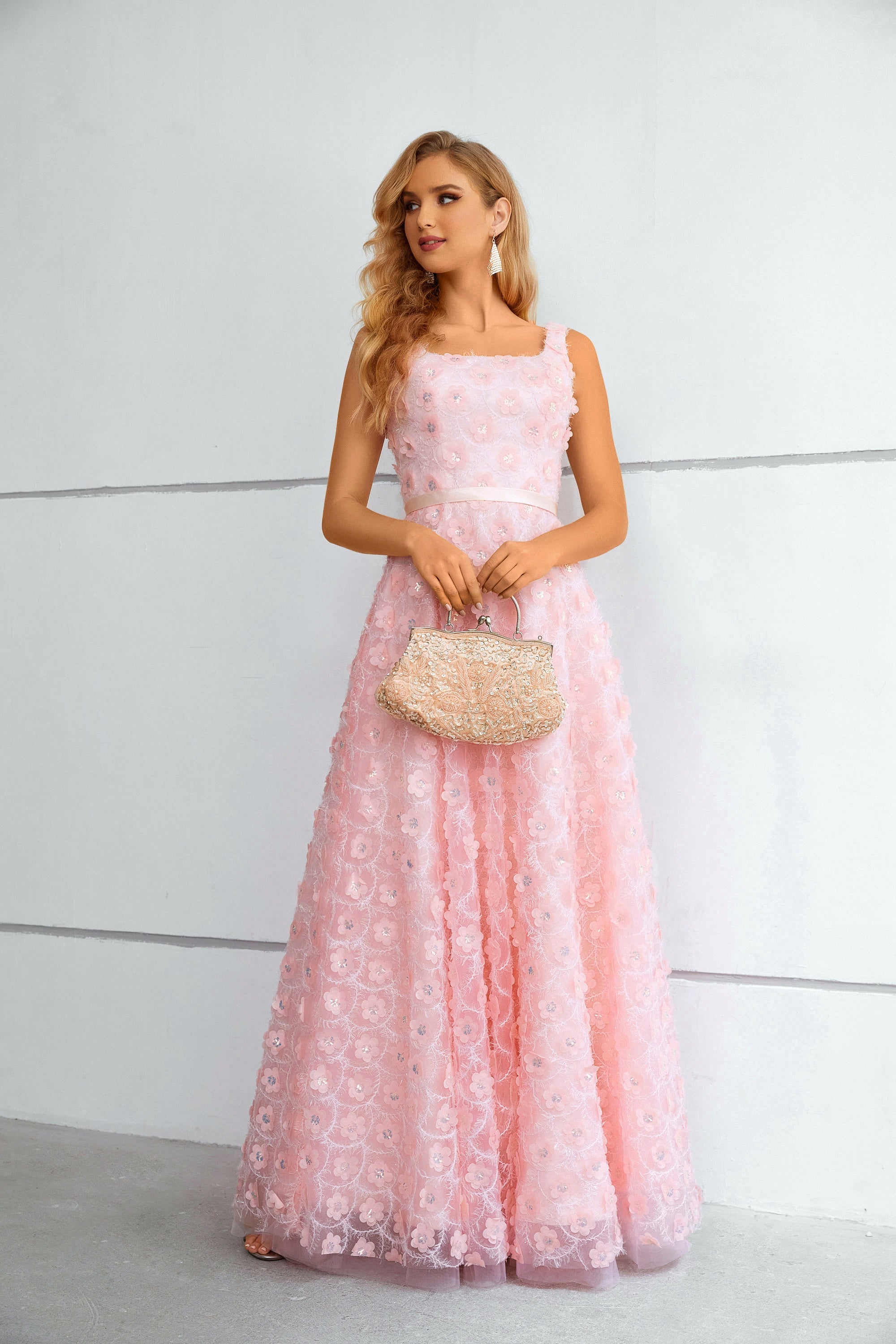 Cute Pink Lace A Line Floor Length Lace Up Prom Dresses