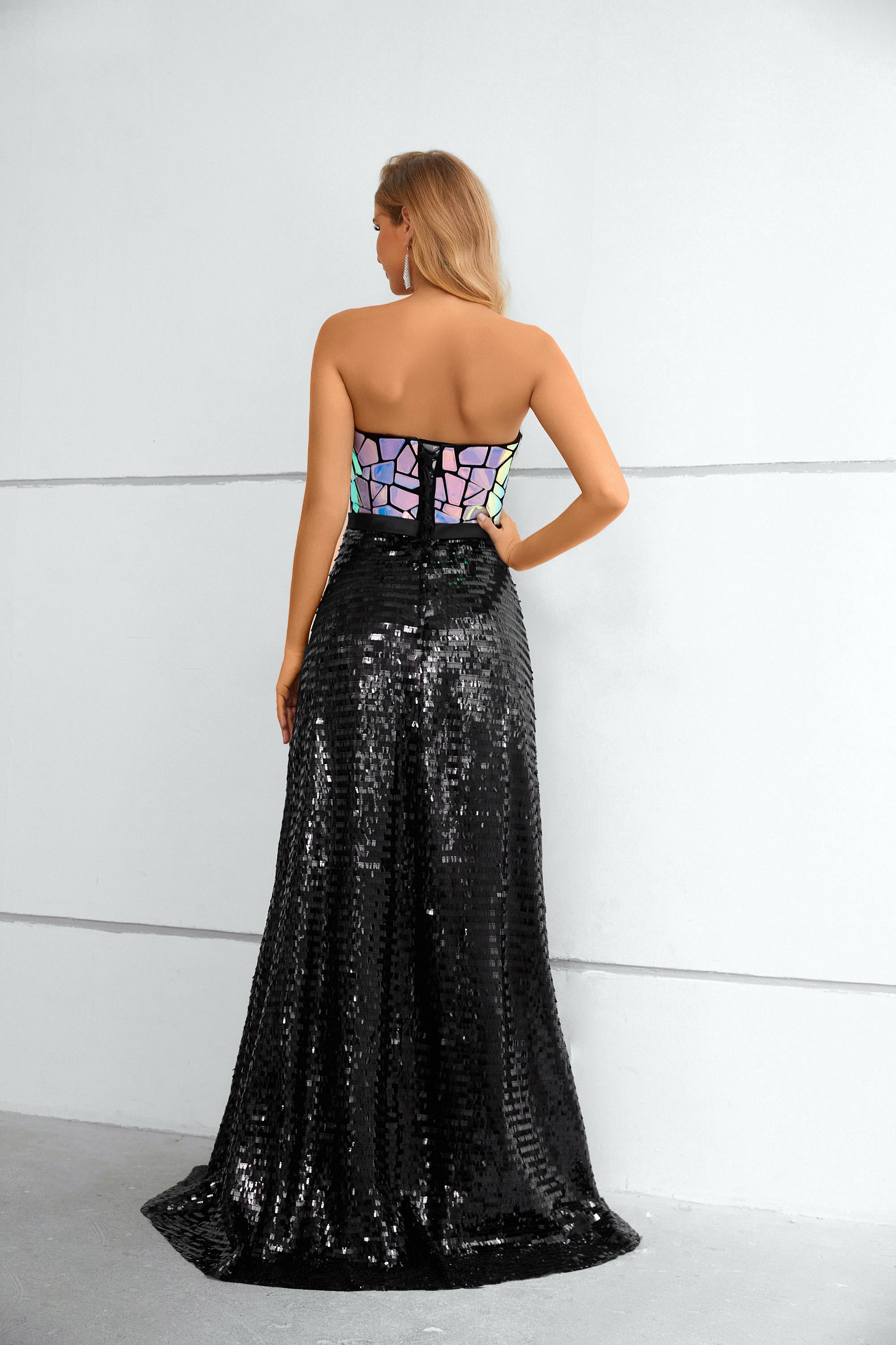 Stunning Black Strapless A Line Sequins Lace Prom Dresses