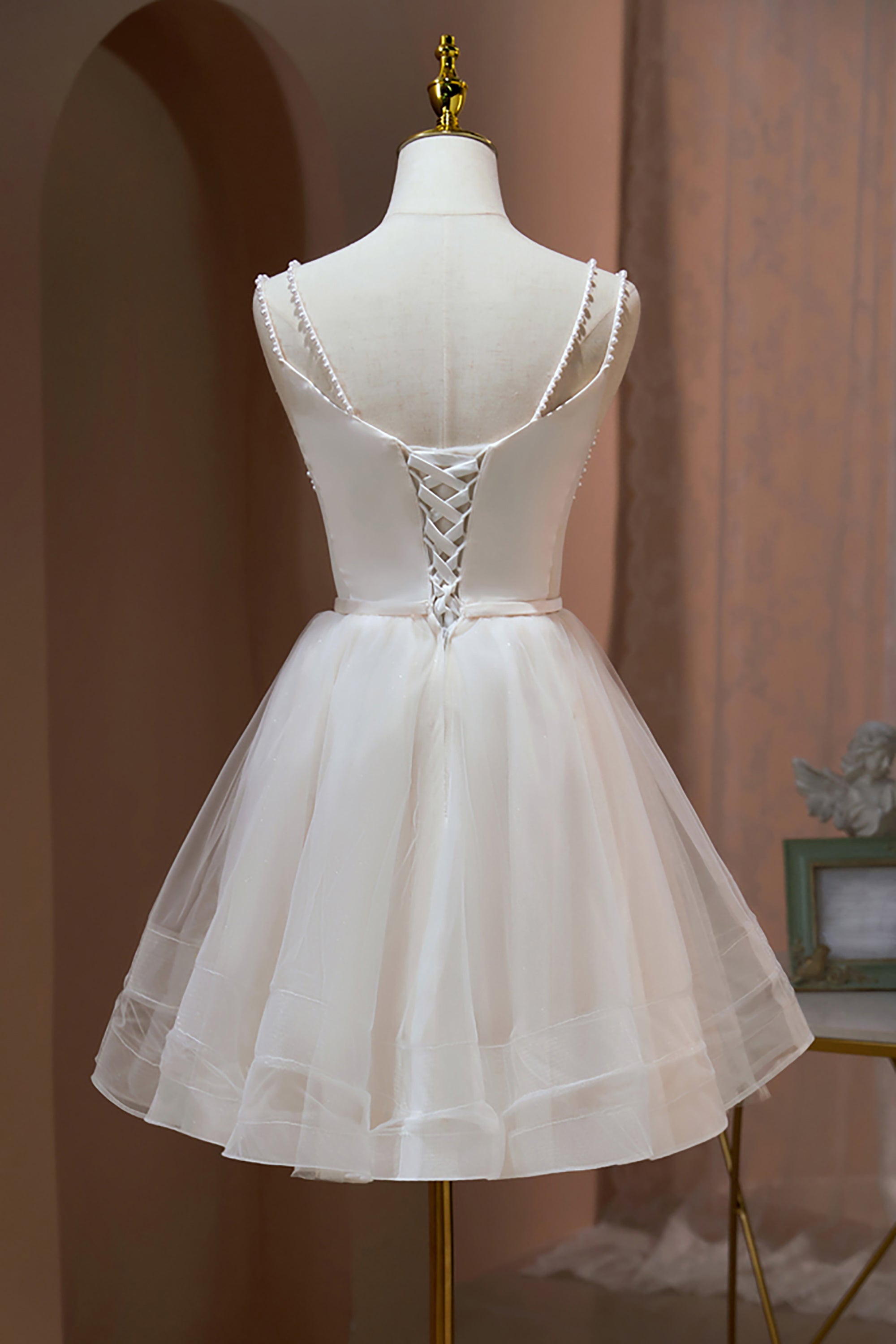 Spaghetti Straps Beading Tulle Short Homecoming Dresses