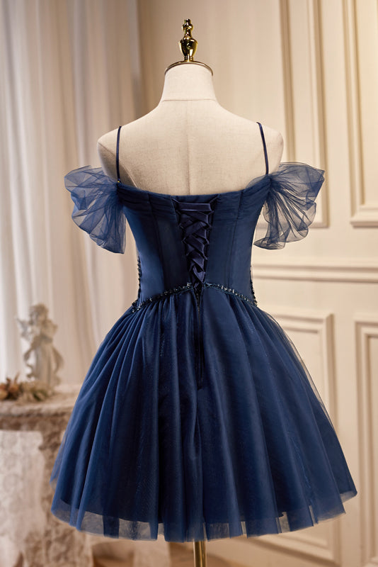 Dark Navy Spaghetti Straps V Neck Tulle Short Homecoming Dresses