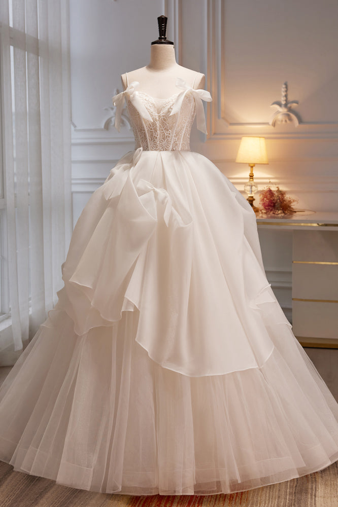 Elegant Ivory Spaghetti Straps Bowknot A Line Tulle Long Prom Dresses