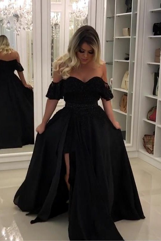 Off The Shoulder Black Long A-line Simple Prom Dresses Modest Party Dresses