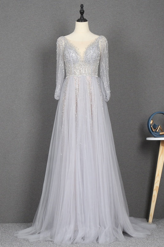 Amazing Long Gray Beading Prom Dresses Modest Evening Gowns