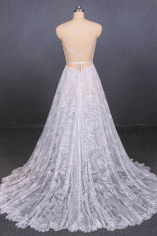 Charming Spaghetti Straps Long A-line Wedding Dresses Beach Wedding Dresses