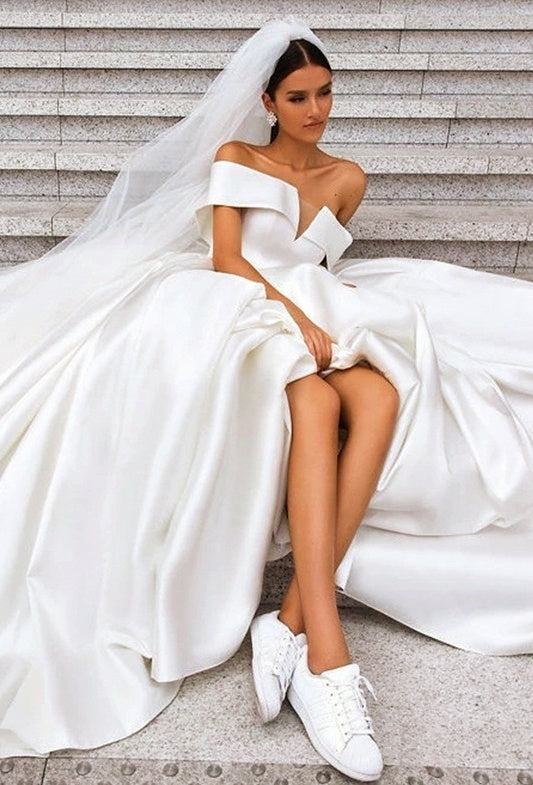 Simple Off The Shoulder Ivory Satin Wedding Dresses Lace Up Wedding Gowns