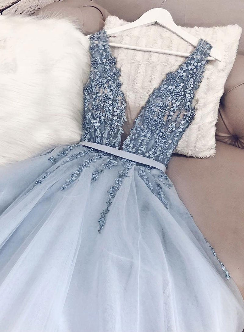 Pretty Beading Lace V-neck Open Back Charming Princess Prom Dresses