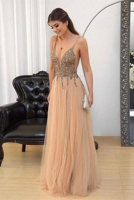 Backless Long Flowy Beading Tulle Prom Dresses Elegant Party Dresses