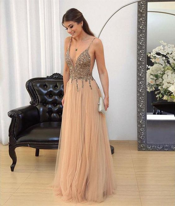 Backless Long Flowy Beading Tulle Prom Dresses Elegant Party Dresses