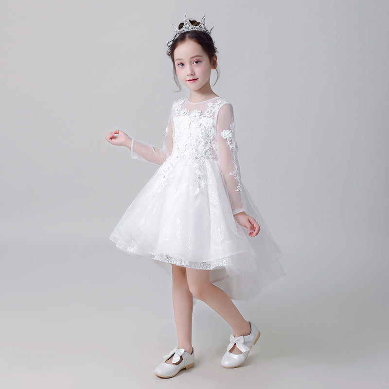 Round Neck Long sleeves Appliques With Beaded High Low Flower Girl Dresses