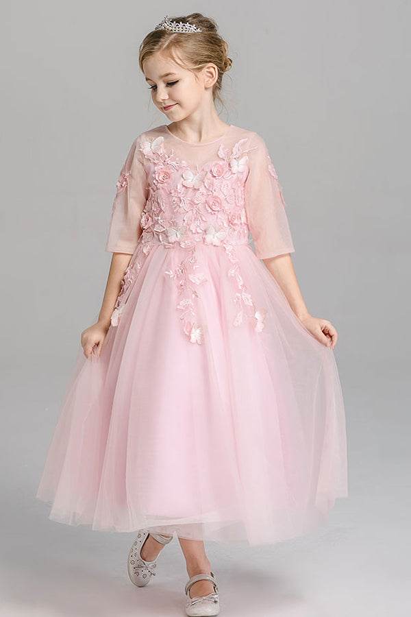 A Line Round Neck 3/4 Sleeves With Appliques Tea Length Flower Girl Dresses F90 - Ombreprom